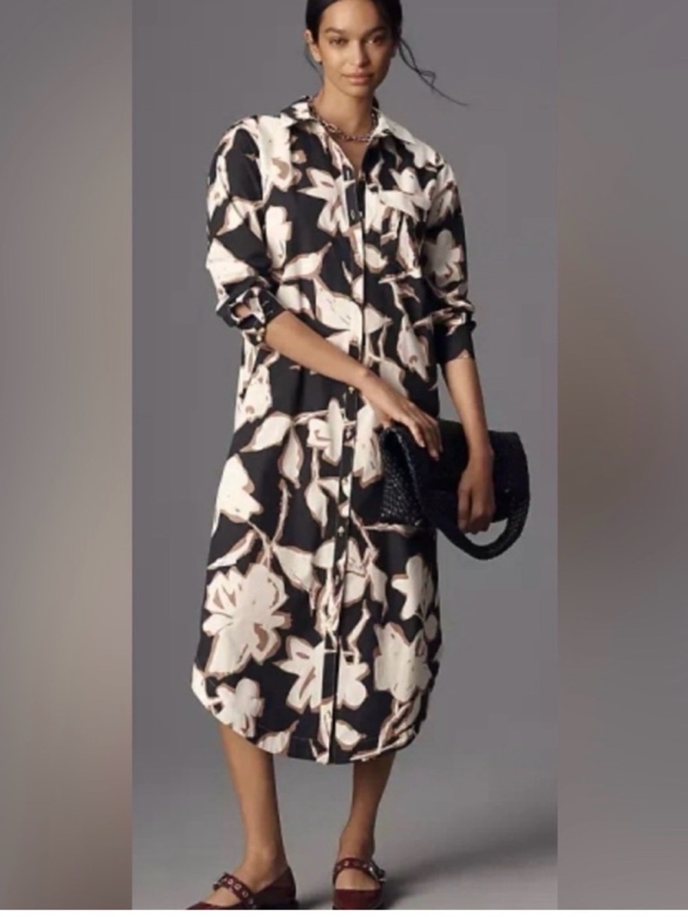 Maeve Soren Long-Sleeve Shirt Dress Black with Tan & Cream Floral Print